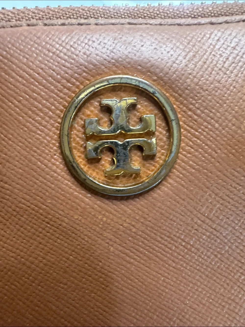 Tory Burch Chestnut Brown Saffiano Zip Wallet with Gold Logo